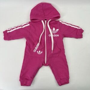 Adidas Trefoil One Piece Jumpsuit Zip Up Long Sleeve Girls 3 months Hooded Pink